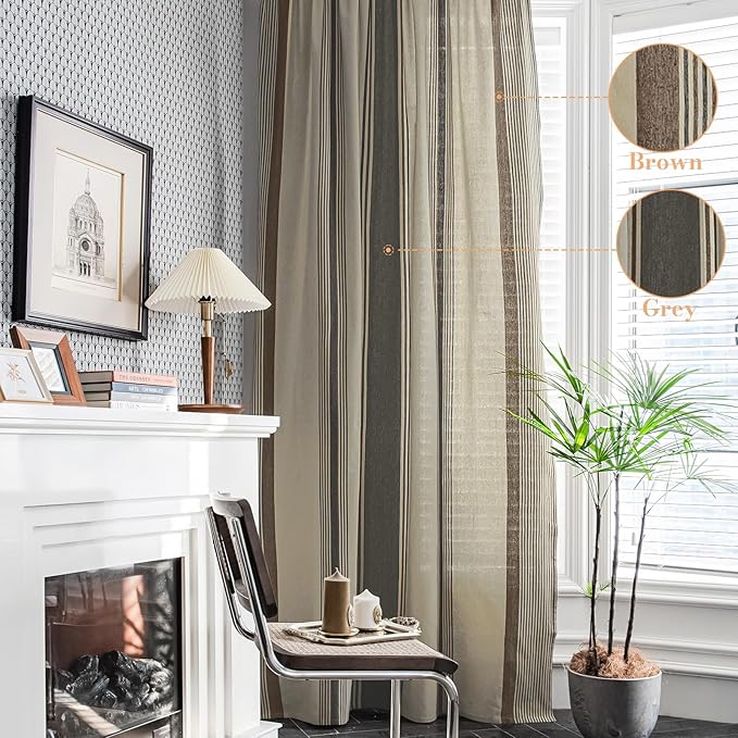 ColorBird Brown and Grey Striped Curtains 2 Panels Set, Modern Farmhouse Vintage Patterned Short Kitchen Curtain 63 Inches Length, Light Filtering Window Treatment Drapes for Living Room Bedroom