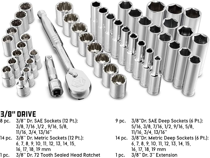 Powerbuilt 47 Piece Mechanics Tool Set, 3/8-inch Drive, SAE and Metric Socket Set, Standard, 72 Tooth Seal-Head Ratchet, Automotive Tools, Storage Case - 642451