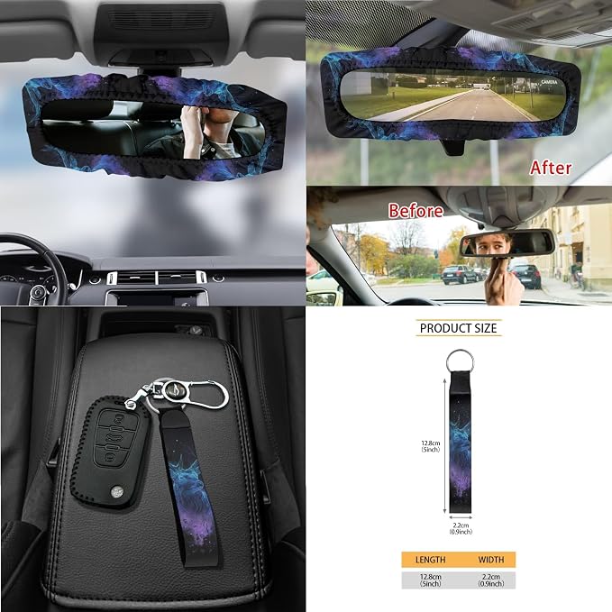 Galaxy Deer Print Car Accessories Full Set of 15 Car Seat Covers Seatbelt Strap Covers Steering Wheel Cover Air Vent Storage Bag Rearview Mirror Cover Cup Holder Key Chain Car Decor