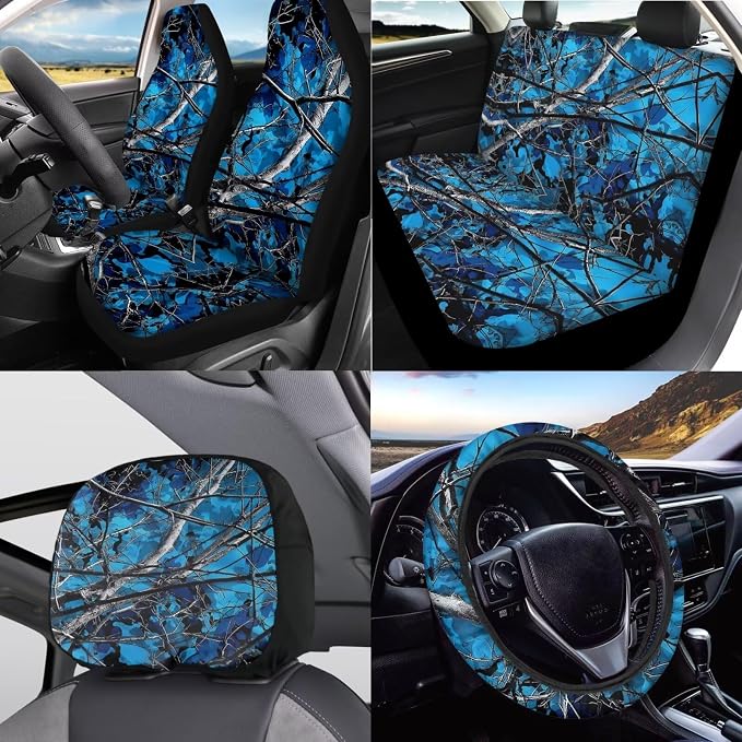 KEIAHUAN Blue Camo Hunting Car Seat Covers Full Set with Gear Shift Knob and Handbrake Cover Steering Wheel Cover Head Rest Covering Cup Coaster Fits Most Vans Trucks SUV Sedan
