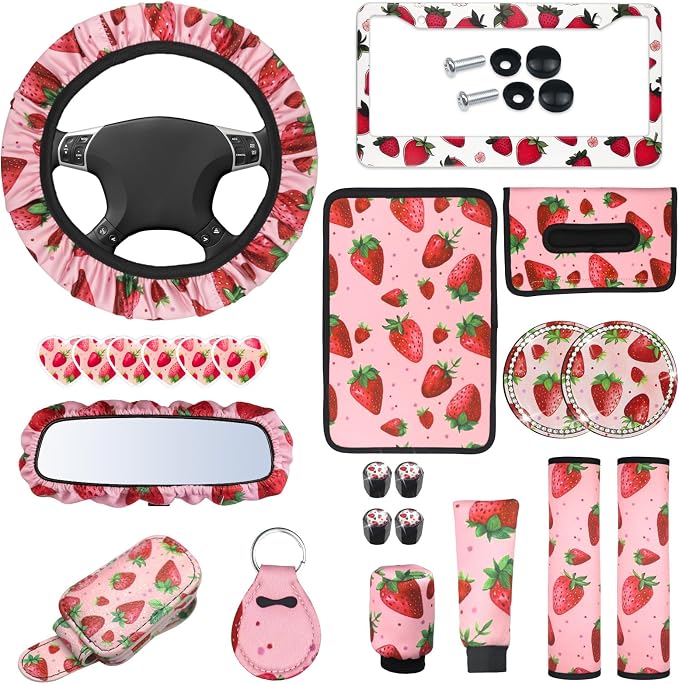23 Pcs Leopard Print Car Accessories,Including License Plate Frame,Rearview Mirror Decoration,Etc,Suitable for Sedan,SUV and Other,Cute Car Interior Set for Women (Pink Strawberry)