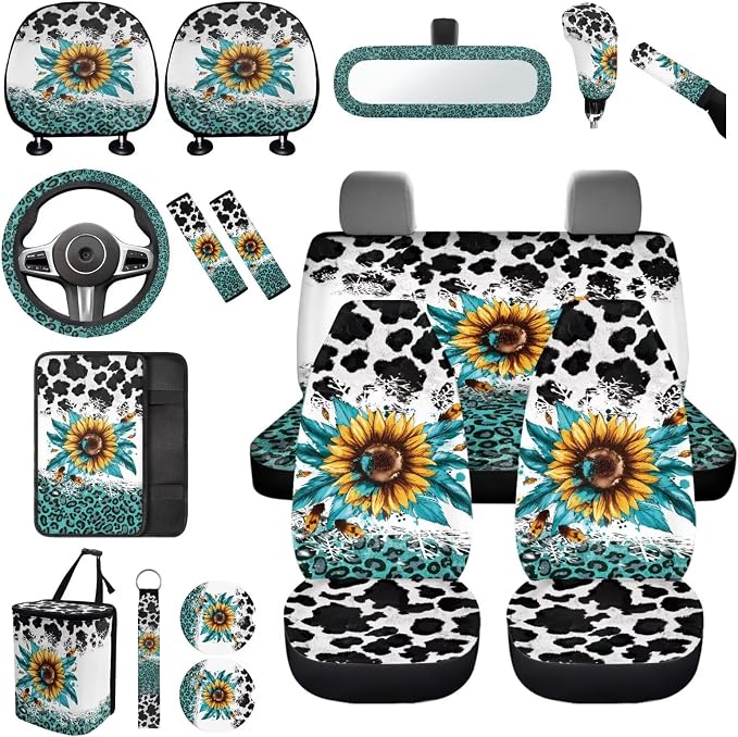 Cute Cow Print Car Seat Covers Full Set of 17 Pcs Sunflower Car Accessories for Women with Auto Headrest Covers Auto Steering Wheel Cover Keychains,Universal Automotive Interior Set Decor