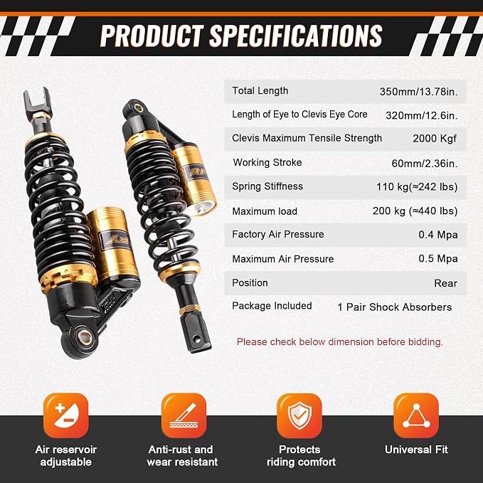 12.6" 320mm Motorcycle Shock Absorbers Clevis End 125cc-200cc for HONDA, for Yamaha, for Suzuki, for Kawasaki ATV Go Kart Quad Dirt Sport Bikes