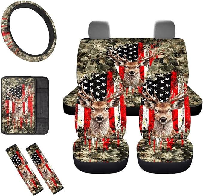 8 Pcs American Flag Hunting Deer Car Seat Covers Full Set Car Accessories for Women Front Seat Cover Steering Wheel Armrest Cover Seat Belt Cover for Auto SUV Interior Decoration