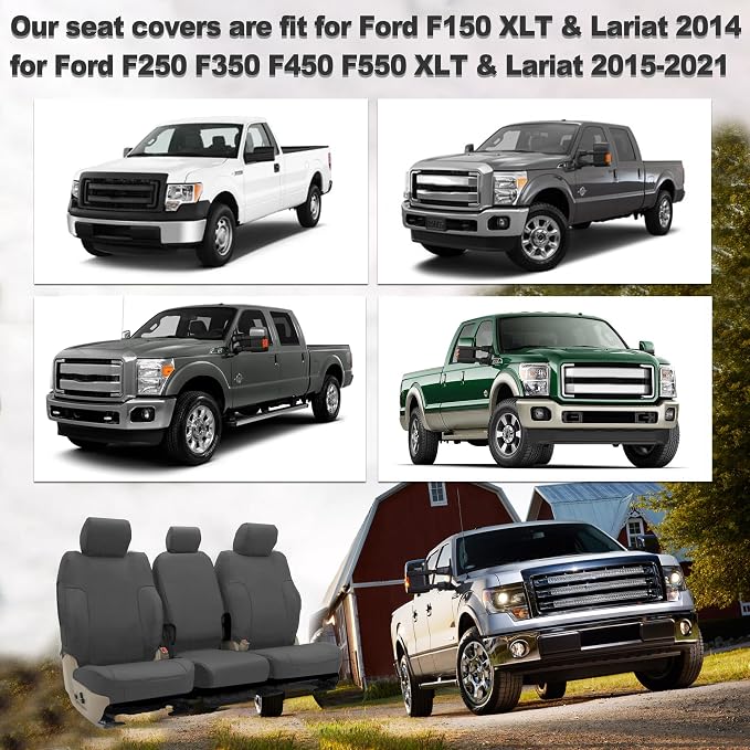Custom Split Bench Seat Covers for Ford F150 XLT/Lariat 2014 F250 F350 F450 F550 XLT/Lariat 2015-2021 Heavy Duty Cloth Protector Interior Accessories，Waterproof & Machine Washable - Gray