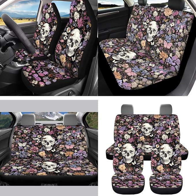 Skull Flower 15 PCS Car Seat Cover Full Set with Steering Wheel Cover Seat Belt Strap Pads Cup Coasters Trash Bag Rearview Mirror Cover Keychain Auto Interior Decor