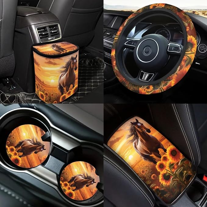 Horse Sunflower Car Accessories Full Set 18 Pcs Brown Horse Car Seat Covers Full Set Steering Wheel Car Covers Seat Belt Pads Cover Vehicle Trash Bag Armrest Box Pad Universal Fit