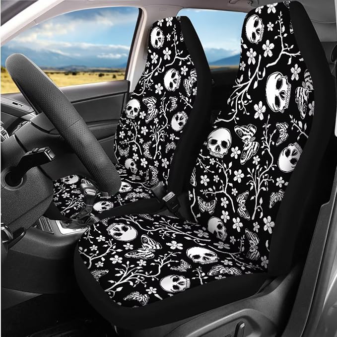 Skeleton Butterfly Prints Car Seat Covers Full Set with Car Steering Wheel Cover Auto Center Console Pad Seat Belt Pads, Automotive Interior Accessories - 8 Pack