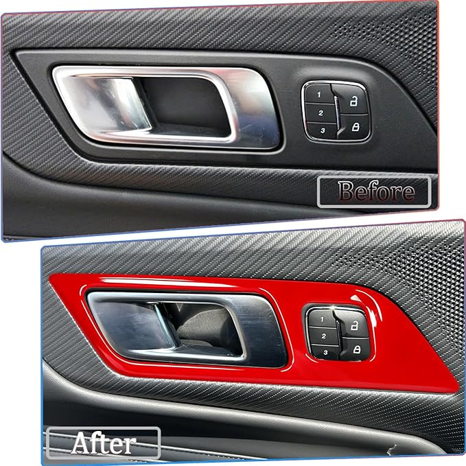 MUXEE Inner Door Handle Cover，for Ford Mustang 2024-2026 / Shelby GT350 2015-2020 / GT500 2020-2022，ABS Wine red Decal Interior Trim Cover Accessories (with Memory seat Button Style)