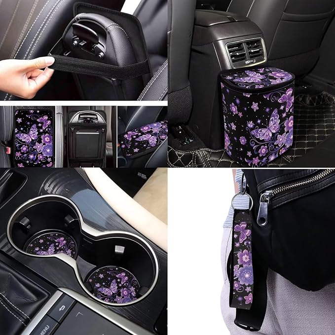 Purple Butterfly Car Seat Cover Full Sets Butterflies Flower Car Accessories 17 Pieces with Car Headrest Cover,Seatbelt Covers,Auto Seat Head Rest Protector for Auto Front Seat Rest Decor