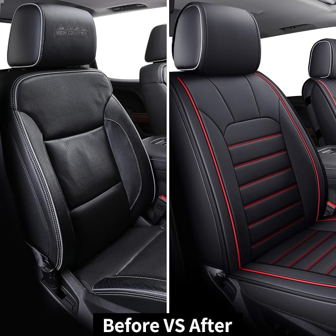 LUCKYMAN CLUB 2 Front Silverado Seat Covers Fit for 2007-2025 Sierra Chevy Silverado 1500 2500 3500 with Water Proof Faux Leather (Black & Red 2 PCS)