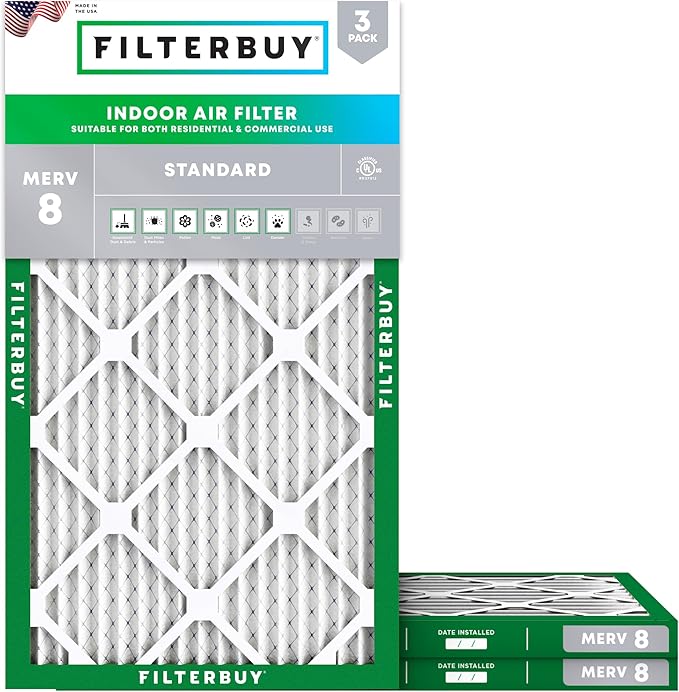 Filterbuy 12x20x1 Air Filter MERV 8 Essential Dust & Allergy Defense (3-Pack), Electrostatic Pleated HVAC AC Furnace Filters Replacement (Actual Size: 11.50 x 19.50 x 0.75)