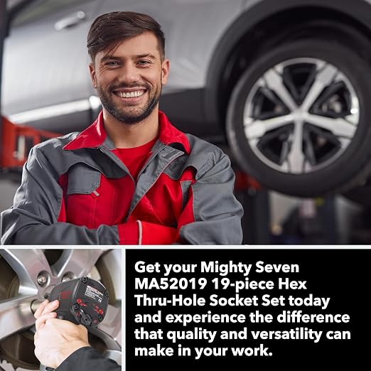 Mighty Seven MA52019 19-Piece Hex Thru-Hole Socket Set, Mechanic Tool Set with Extension Bar and Adapters, Wrench Set for Impact Wrenches, Impact Socket Tool Kit with Range of SAE and Metric Sizes