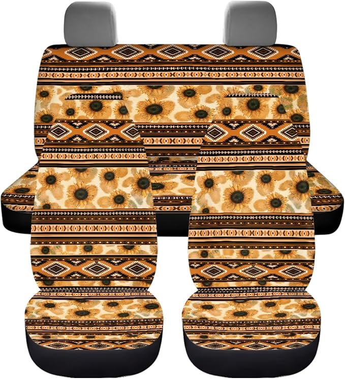 Dreaweet Aztec Sunflower Seat Covers Full Set for Women with Steering Wheel Cover/Center Console Cover/Seatbelt Cover/Car Coasters/Gear Shift Handbrake Cover,Universal Car Accessories for SUV Trucks