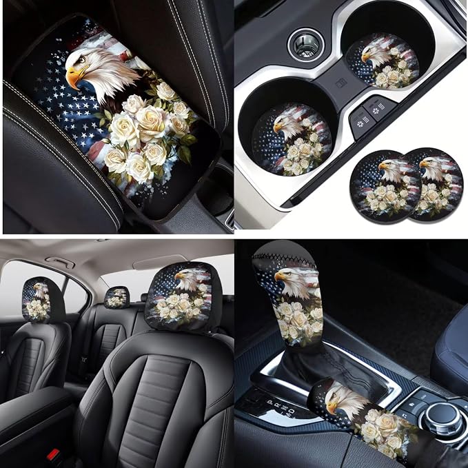 Lotusorchid Eagle Rose Print Car Seat Covers Full Set American Flag Print Front and Rear Seat Cover with Safety Belt Pads Armrest Pad Gear Shift Lever Protector Cup Coaster for Truck Sedan SUV