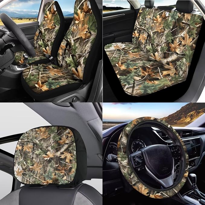 KEIAHUAN 11 Pieces Camo Hunting Design Car Accessories Set Automotive Rear Front Seat Cover, Steering Wheel Cover, Handbrake and Gear Shift Knob Cover, Headrest Covers, Coasters