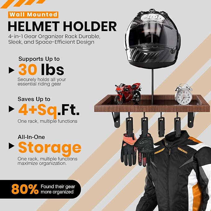 Motorcycle Helmet Holder Wall Mount, Heavy-Duty Metal Helmet Rack with Glove Clips & Gear Hanger, Universal Helmet Hanger Wall Mount for Motorcycle/Bike/Snowboard Helmets