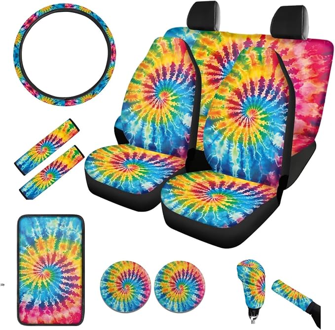 BIGCARJOB 12 Pack Tie Dye Print Car Seat Cover Set for Front and Rear,Hippie Tie Dye Print Car Interior Accessories Full Set Seat Belt Cover,Armrest Pads,Cup Holder Coaster
