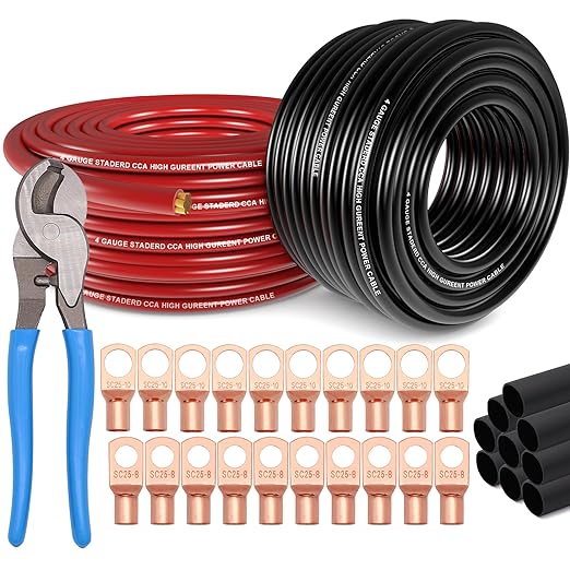4 Gauge Wire (50ft Each - Red/Black) Copper Clad Aluminum CCA with Cable Cutter,Lugs Terminal Connectors and Heat Shrink Tube - Battery Power/Ground Cable,Car Audio Speaker,RV Trailer Amp Wiring kit