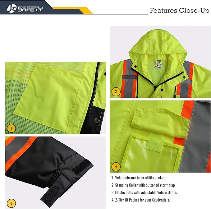 JKSafety Hi-Vis Reflective Safety Rain Jacket and Pants for Men Women Waterproof Rain Gears for Farming Fishing Work HV Rain Suit with Inner Mesh Lining and Pockets (117-Yellow XXL)