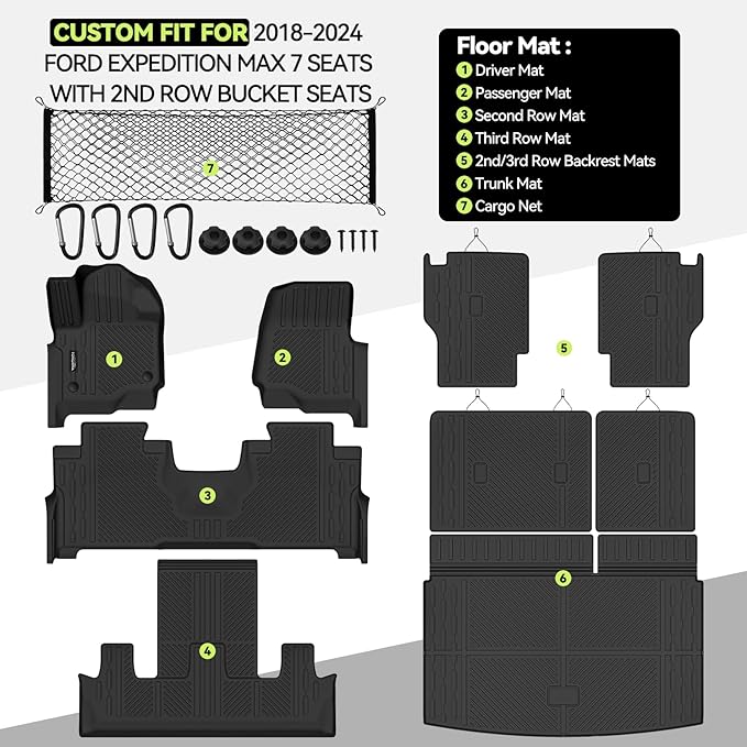 Tongama-Floor Mats for 2018-2024 Ford Expedition Max 7 Seats with 2nd Row Bucket Seats, All Weather TPE Trunk Mat and 2nd/3rd Backrest Mats Protectors and Cargo Net for Ford Expedition Accessories
