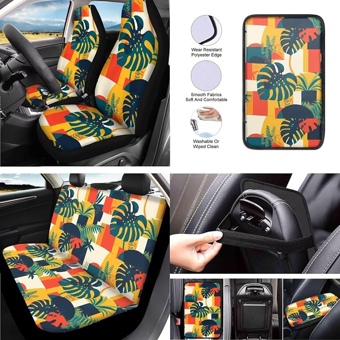 10 Pack Hawaii Monstera Car Seat Covers, Island Tropical Monstera Front Seats Rear Bench Polyester Car Seat Protectors, Modern Colorful Block Universal Cars Interior
