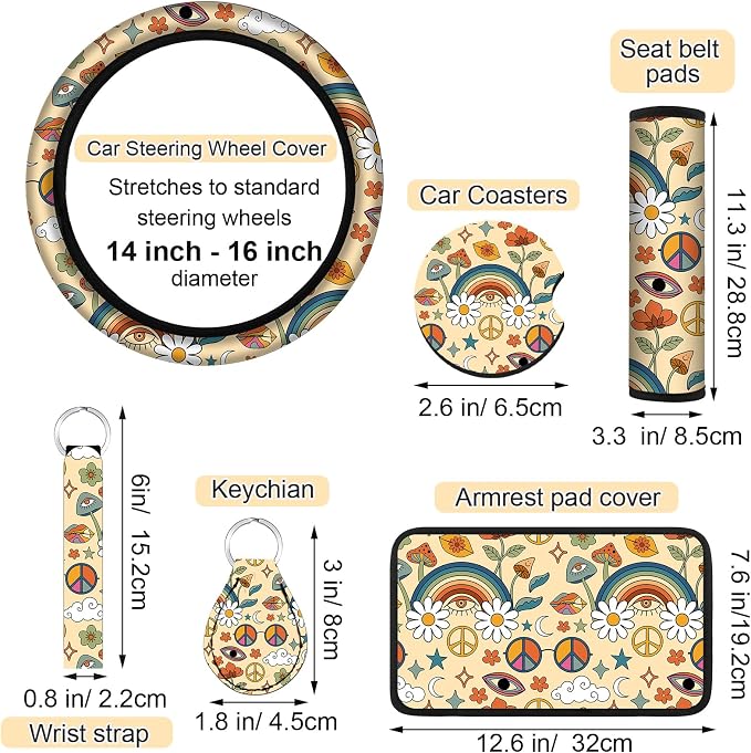 Riakrum 15 Pcs Car Seat Covers Full Set Space Car Covers for Front Rear Seat Steering Wheel Wrist Strap Armrest Pad Shoulder Pads (Daisy Style)