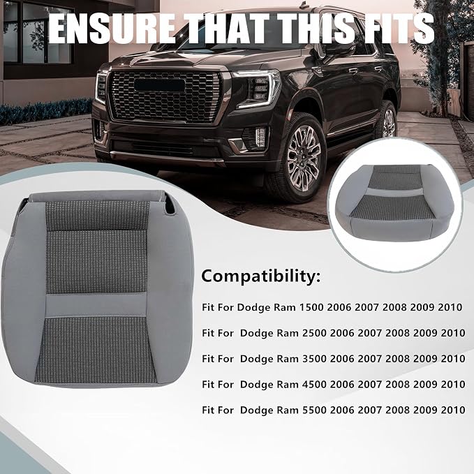 Priprilod Gray Cloth Front Passenger Side Bottom Replacement Seat Cover & Top Lean Back Cover Compatible with Dodge Ram 2500 3500 4500 5500 2006 2007 2008 2009 2010