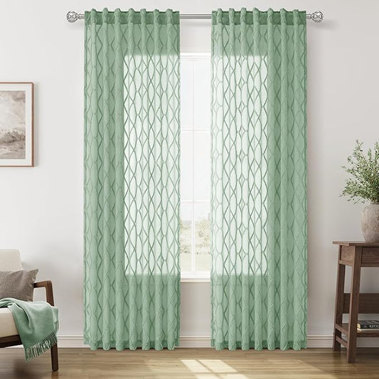 Aqua Green Sheer Curtains 84 Inches Long for Living Room Bedroom Shabby Chic Pom Pom Textured 2 Panels Gauze Window Drapes Geometric Embroidered Pattern Modern Farmhouse Semi-Sheer Curtain 52x84