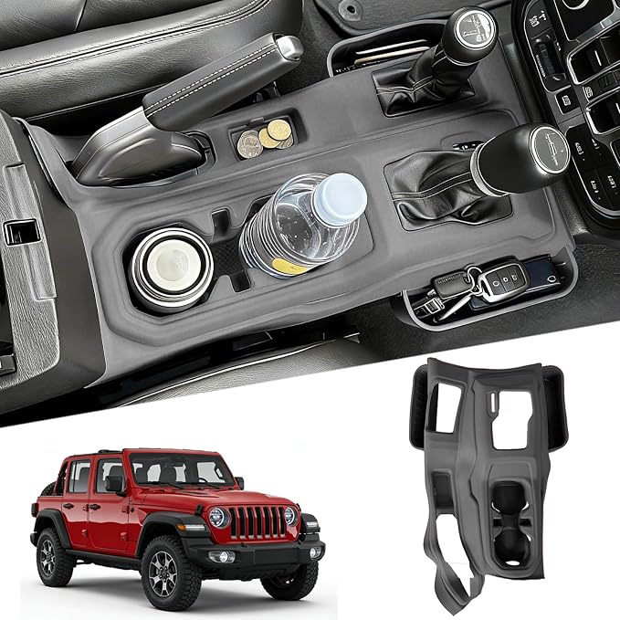 Silicone Center Console Gear Shift Panel Trim Cover for Jeep Wrangler JL/JLU/Gladiator JT 2018-2026, with Non-Slip Cup Holder Mat & Side Organizer Tray, Car Interior Storage Box Accessories
