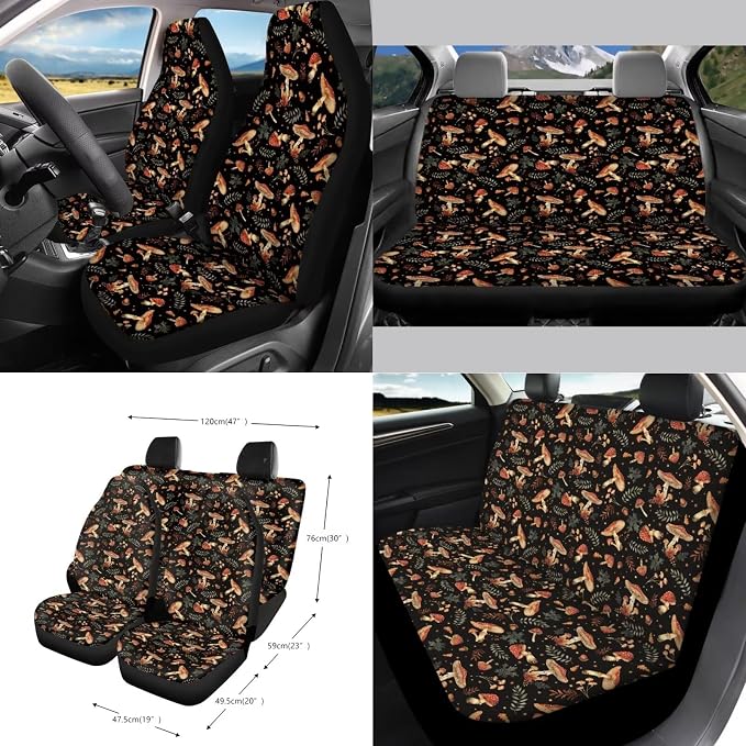 Cottagecore Mushrooms 15Pcs Car Seat Cover Full Set Car Steering Wheel Cover Seat Belt Cover Trash Bin Air Vent Storage Box Front Rear View Mirror Car Cup Holder Keychain