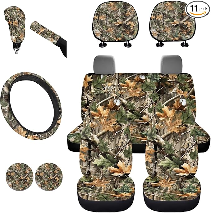 KEIAHUAN 11 Pieces Camo Hunting Design Car Accessories Set Automotive Rear Front Seat Cover, Steering Wheel Cover, Handbrake and Gear Shift Knob Cover, Headrest Covers, Coasters