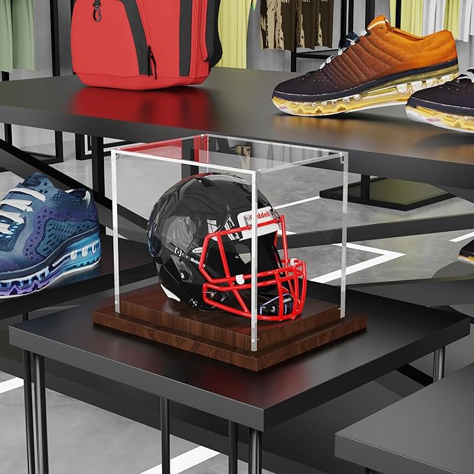 VGMiu Mini Helmet Display Case with Wood Base, Clear Acrylic Football Helmet Display Case Dustproof Box for Helmets, Sports Collectibles, Memorabilia Displays