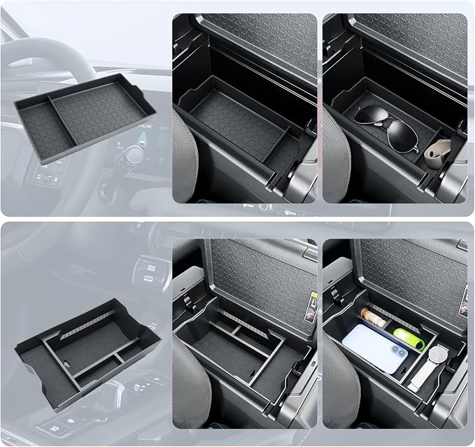 BIBIBO 2Pack for 2026 Toyota RAV4 Center Console Organizer 2026 Toyota RAV4 Console Armrest Tray +Console Armrest Box Bottom Silicone Mat 2026 RAV4 Central Insert Organizer 2026 RAV4 Accessories