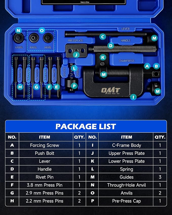 Orion Motor Tech Motorcycle Chain Rivet Tool, 20pc Motorcycle Chain Tool Kit with Blackened C Frame 5 Pins Pre-Press Cap, Pro Bike ATV Motorcycle Chain Breaker Cutter Removal Tool for 25 to 630 Chains