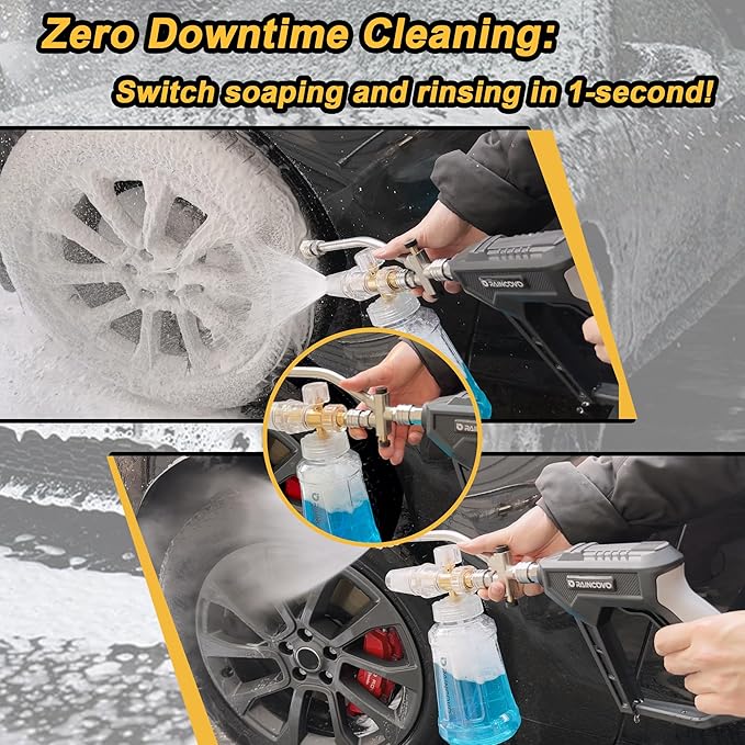 Raincovo Foam Cannon with Short Pressure Washer Gun, Dual Connector Accessories, Snow Soap Attachment for Car Wash, 5 Nozzles Tips with Holder, 1/4” Quick Connect, Additional 1.1 mm Orifice Nozzle