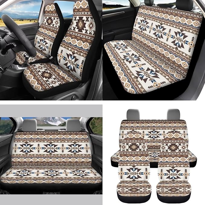 Earthy Tribal Car Seat Covers Set of 15 with Universal Steering Wheel Cover, Rearview Mirror Cover, Car Trash Can, Seatbelt Pads, Cup Holder Coasters, Keychains