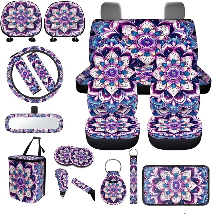 Purple Mandala lotus Car Seat Covers Full Sets 18 Pack Universal Car Interior Accessories Sets Hippie Print Steering Wheel Cover Car Seat Belt Pads Cover Car Headrest Covers Vehicle Trash Bag