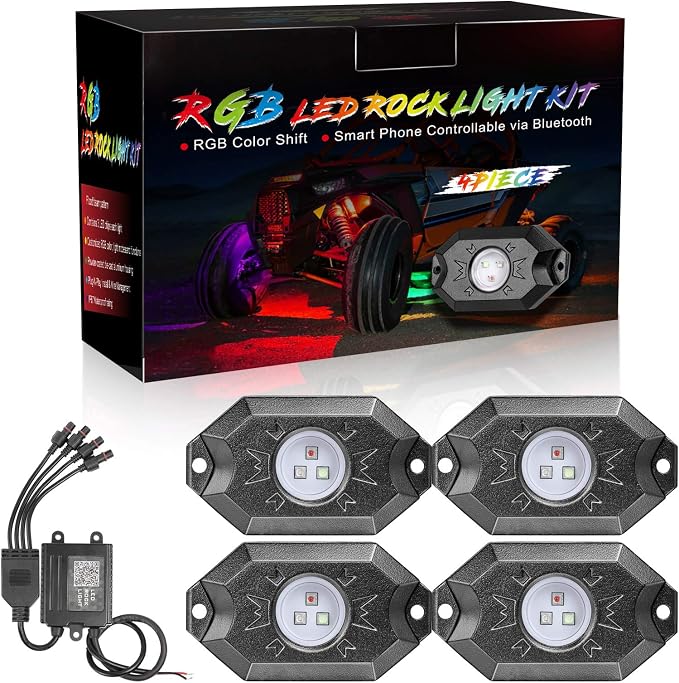 RGB LED Rock Light Kits 4 Pods Underglow Neon LED Lights with Bluetooth Control Waterproof Multicolor Wheel Well Lights for Truck SUV ATV UTV Boat Marine Motorcycle Off Road