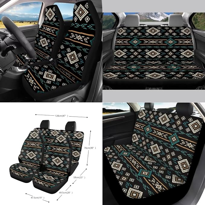 Wanyint Car Seat Cover Set 15 Pack with Steering Wheel Seat Belt Strap Rearview Mirror Cover Garbage Cans Air Vent Pouch Coasters Keychain Auto Decor, Southwest Aztec Black Blue