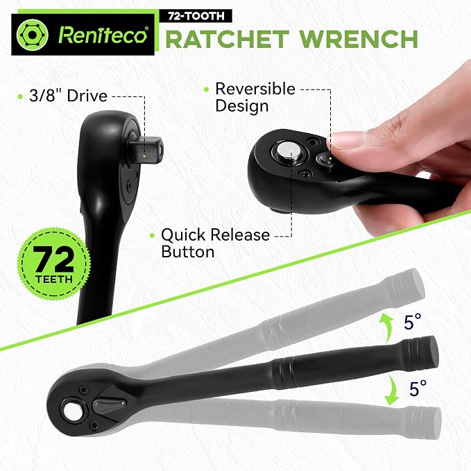 Reniteco 95-Piece 3/8" Socket Set, SAE (5/16"-3/4") & Metric (8mm-22mm), Ratchet Handle, Extension Bar, Adapter, Universal Joint, Power Drill Adapter, Screwdriver Bit, Spark Plug Socket