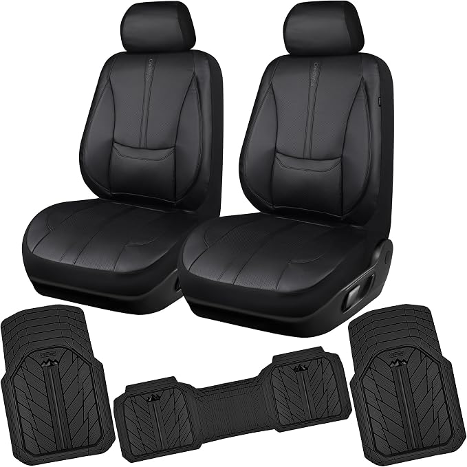 CAR PASS 3D Foam Support Black Leather Car Seat Covers Front Seats,Waterproof Faux Leather Front Seat Cover for Car,Universal Fit Anti-Slip for SUV Truck,Rubber Floor Mats for Cars