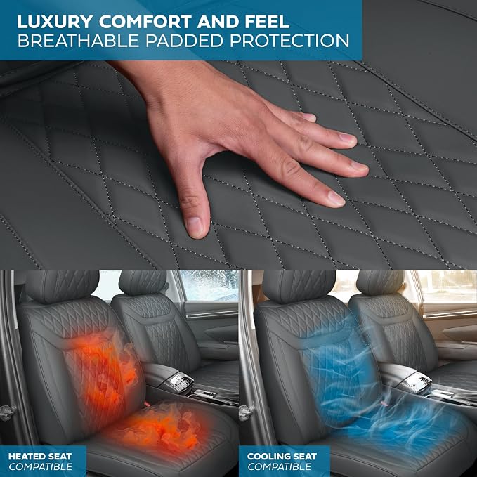MotorBox Creekstone Series – PU Leather Seat Covers for Cars, Creekstone Series Cross-Stitch Edition Front Seat Covers, Diamond Stitched PU Leatherette Gray Car Seat Covers for Cars Trucks SUVs