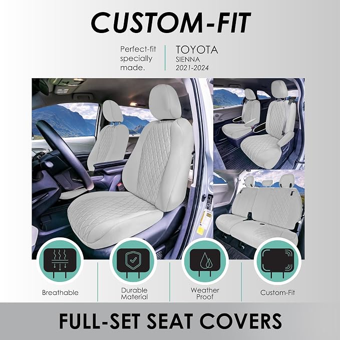 FH Group Custom Fit Car Seat Covers Specifically Made for Toyota Sienna 2021-2024, Solid Gray Ultraflex Neoprene Full Set Automotive Seat Covers, 7 Seater SUV Seat Covers, Toyota Accessories