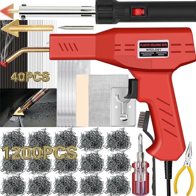 220W Plastic Welder, 1200PCS Staples 40PCS Rods Plastic Welding Kit, 5 in 1 Welding Tips Tape Sandpaper Wire Mesh Stand Metal Brush Screwdriver Plastic Welder Kit Bumper Repair Kit (Red)