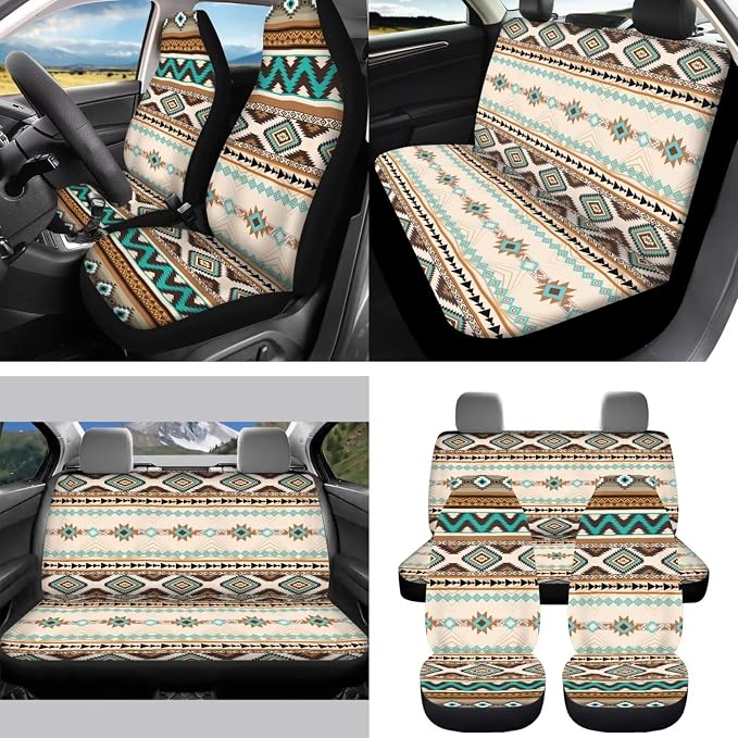 Boho Tribal Car Seat Covers Set of 15 with Universal Steering Wheel Cover, Rearview Mirror Cover, Car Trash Can, Seatbelt Pads, Cup Holder Coasters, Keychains