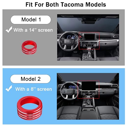Knob Covers for Toyota Tacoma Accessories 2024 2025 2026 8" or 14" Touchscreen Air Conditioner Engine Start Stop Button Ring Drive Mode Switch Audio Center Console Button Knob Cover 7 Pcs (Red)