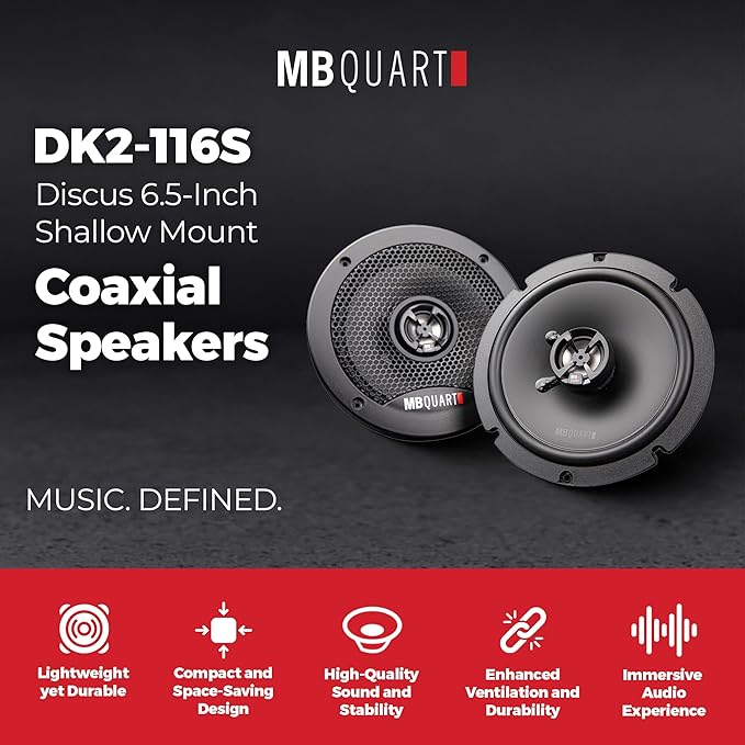 MB Quart DK2-116S Discus 6.5-Inch Shallow Mount 2-Way Coaxial Speakers, 60/120W RMS System Power, Aluminum Dome Tweeters, Butyl Rubber Surrounds