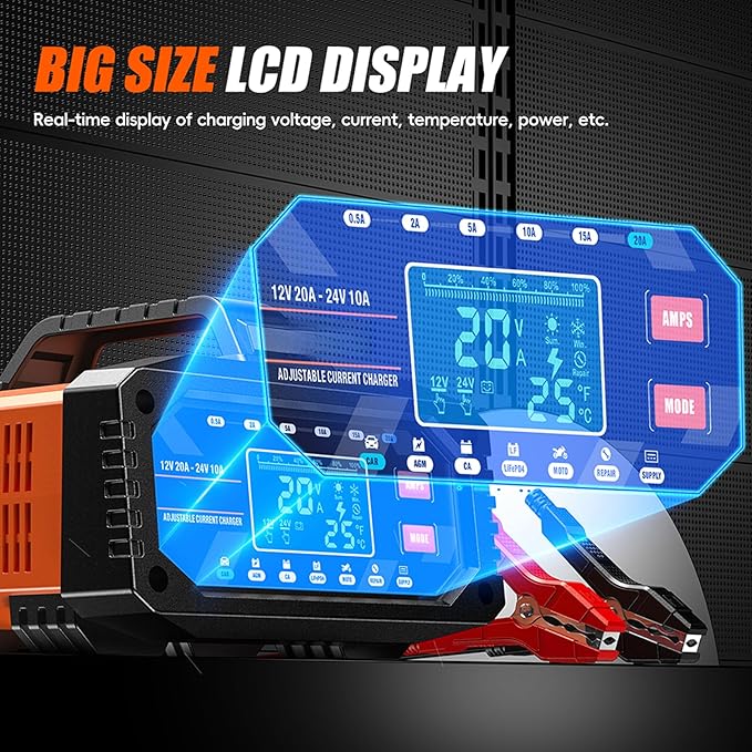 Auto Battery Charger 20A 12V/24V Adjustable Current 0.5A-20A LiFePO4 Lead Acid Fully Automatic Battery Maintainer, Trickle Charger with Pulse Repair, Winter Mode, for AGM Gel Deep Cycle Batteries