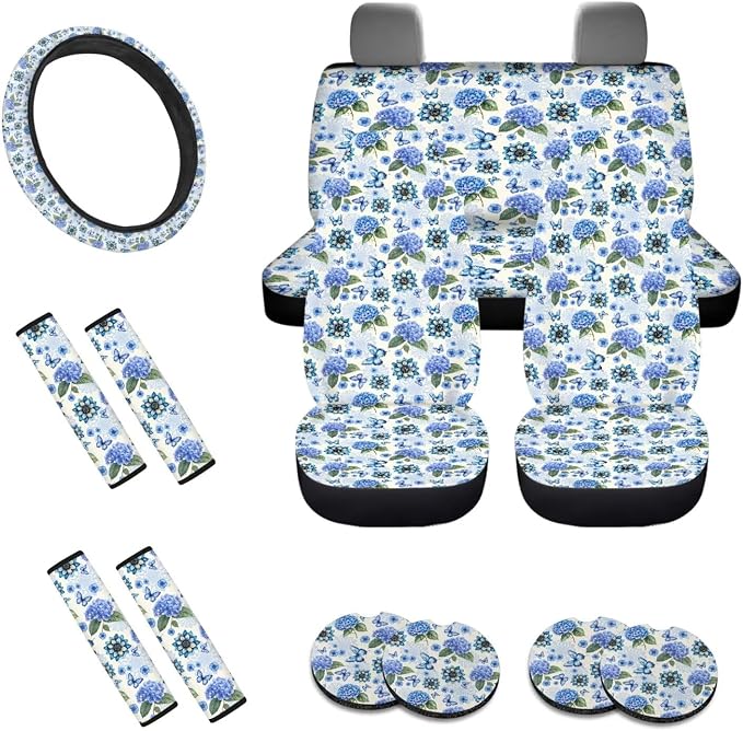 Hydrangea Boho Mandala Butterfly Pattern Car Seat Covers Full Set, 13 Pieces Car Accessories with 1 Steering Wheel Cover, 4 Seat Belt Covers and 4 Waterproof Coasters Universal Fit for SUV
